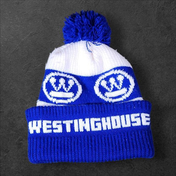 Vintage Westinghouse Pom Beanie Blue White Logo Knit Hat 70s 80s RARE - Picture 7 of 9